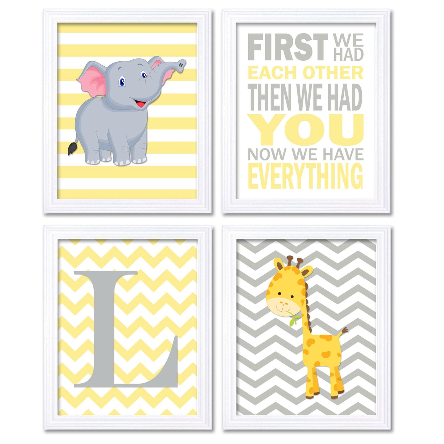 Letter Elephant Nursery Art Giraffe Wall Decor First We Had Each Other Set of 4 Prints Yellow Grey C