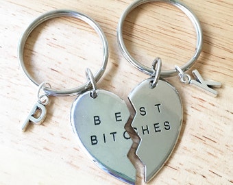 Best Bitches Keychains/ 2 Best Bitches Split Heart Key Chains/ Besties Keyrings/ Best Bitches Initial Keychains/ Double Trouble Key Rings