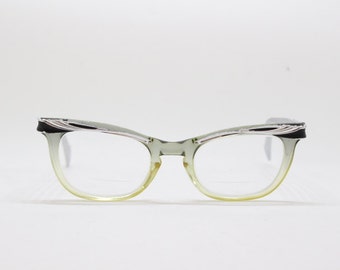 Original 1950s vintage black and silver cat eye spectacles. Acetate and aluminium frame. Eyeglasses, clear lens glasses.