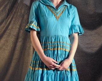 33" waist, 1950's metallic gold striped / ricrac & turquoise cotton Patio / square dance dress