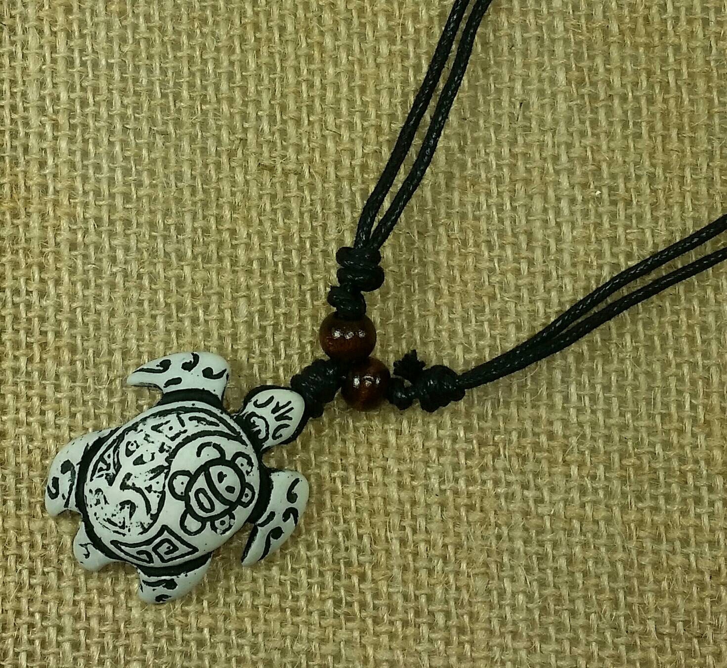 White Turtle Necklace with Taino Symbols Engraved Indian Sun