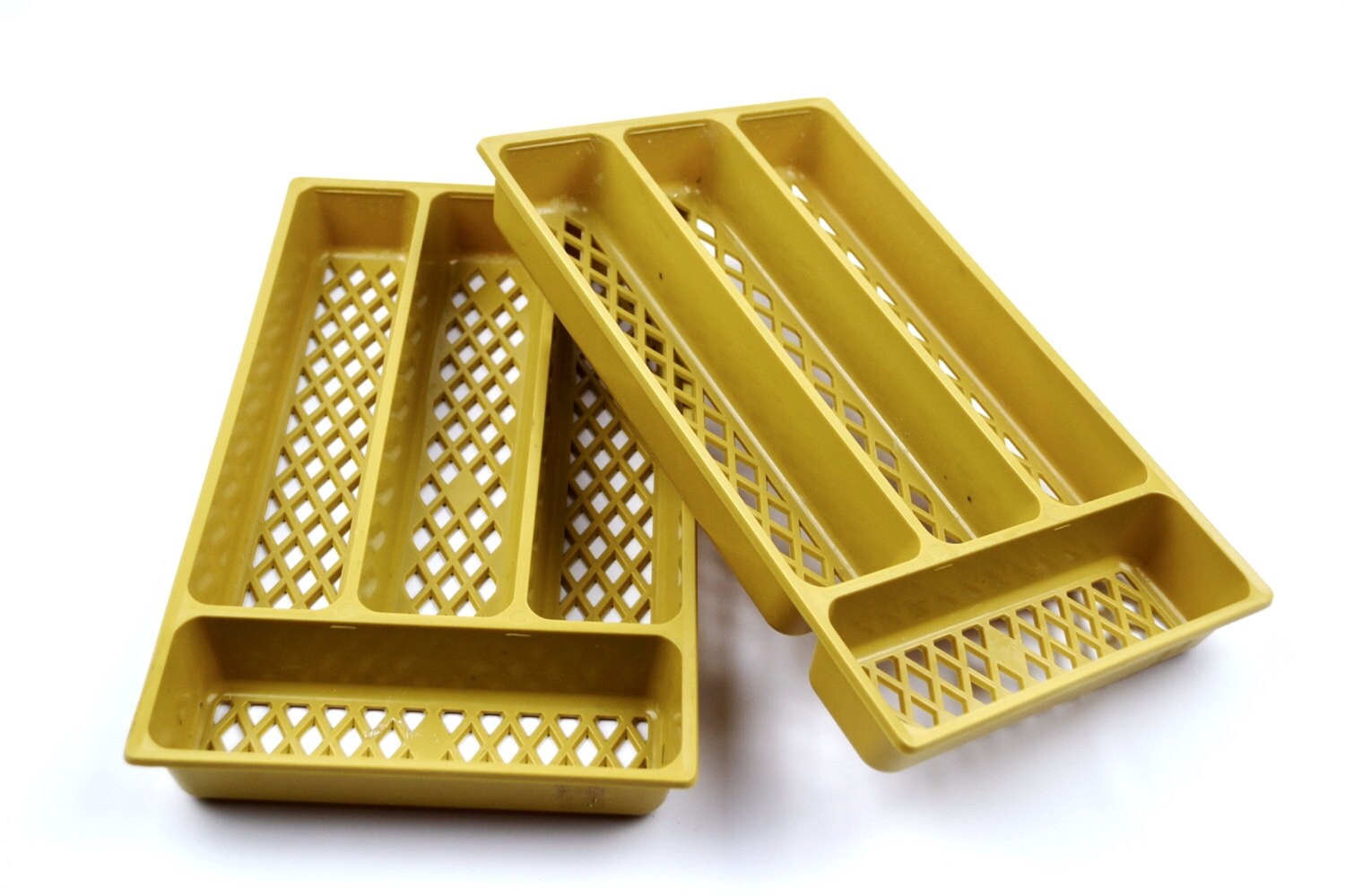 Hard Plastic Silverware Utensil Sorter Tray Set of 2 Drawer Organizer Harvest Gold 1970s