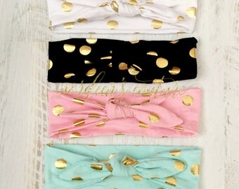 Baby Knot Headband, Gold Dots Head Wraps, Adjustable Knot Headband, Baby Head Scarf , Baby Head Wrap, Baby Turban Headband, Pink Gold