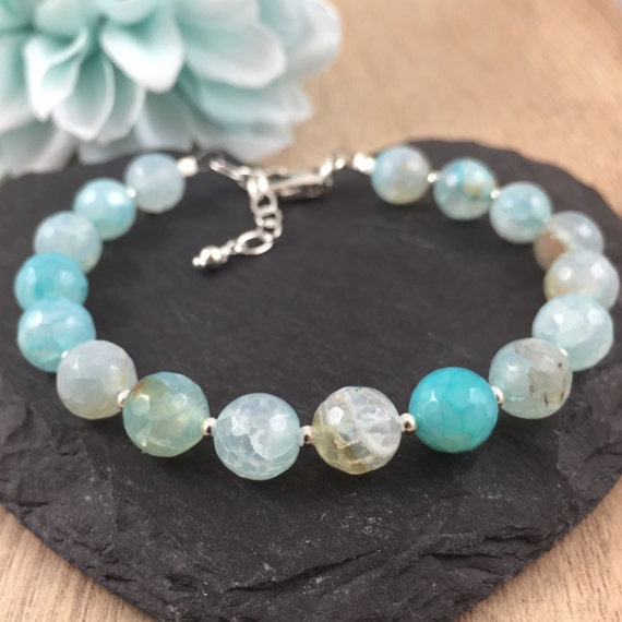 Items similar to Teal Aqua Agate Bracelet, Gemstone Bracelet, Agate ...