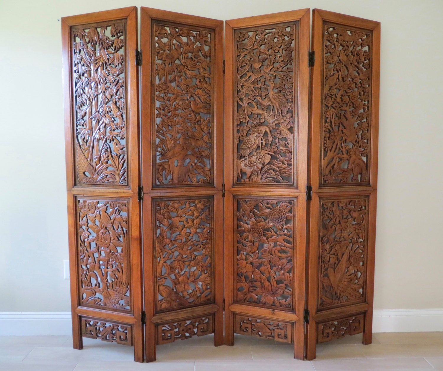 ON SALEVintage Oriental Hand Carved Wood Divider Four Panel