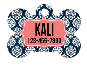 Personalized Dog Tag - Damask Navy Coral Dog ID Tag - Personalized Bone Dog Tag - Pet Gift - Custom Pet ID Tag