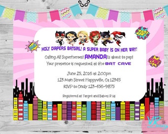 Superhero Girls Birthday/Baby Shower Invitation, Batgirl, Supergirl, Harley Quinn, Catgirl, Poison Ivy, Digital File DIY printing