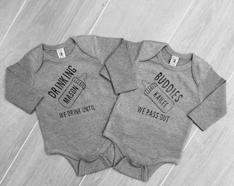 Drinking buddies onesie, twins, twin onesies, best friend onesies, twin shirts, bottoms up, drink until we pass out, baby gift, bottles