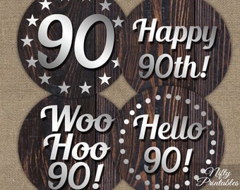 90th Birthday Cupcake Toppers - Wood 90th Birthday Party Printables - Mens Birthday Cupcake Toppers - Rustic 90th Birthday Decorations SWD