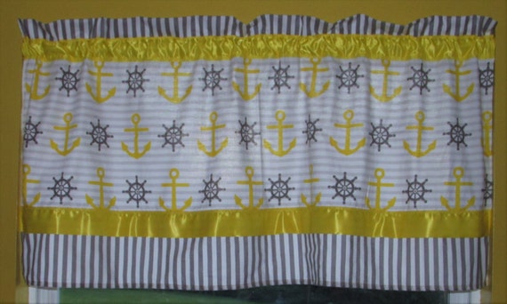Nautical curtains / satin / cotton / stripes / polka dots / 3 different pattern mixtures / gray and yellow