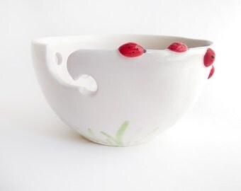 Ladybug Ceramic Yarn Bowl, Knitting Bowl, Crochet Bowl , with Red Ladybugs. Ready To Ship