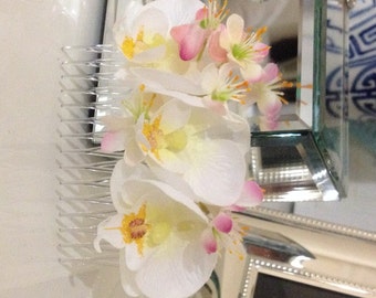 Orchid Hair Comb, Pink Blossom Hair comb, Hair Accessory, Hair Jewellery, Bridal Hair Comb, pink and white, Hair Pin, silk flower, blossom