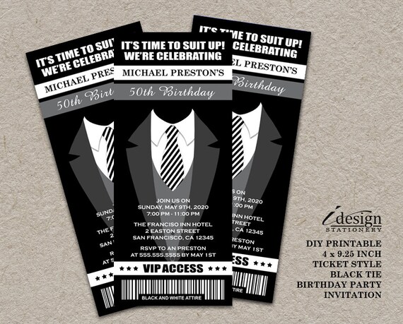 Tuxedo 50th Birthday Party Ticket Invitation Printable