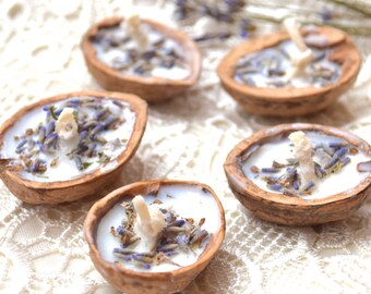 Lavande des bougies flottantes bougie automne mariage bougies rustique bougie lumière de thé noyer coquille en cire de soja mariage fête faveurs automne décor 5 pcs