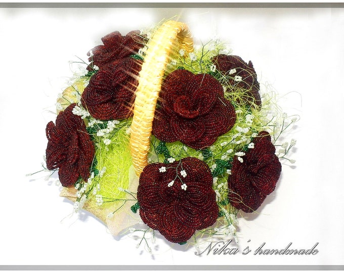 French Beaded artificial flowers (roses) in basket (9.5x8.7 inch) for wedding bouquet or unusual gift