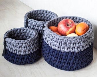 Storage Baskets Set/ Kitchen - Bedroom - Nursery - Hallway - Bathroom Organizers/ Navy Grey Crochet Organizing Bins of Recycled Chunky Yarn