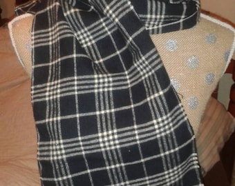 Gentleman's Traditional Flannel Scarf White Black Plaid Fringe Ends 48" x 9 3/4" Great gift idea A Donovan Creation
