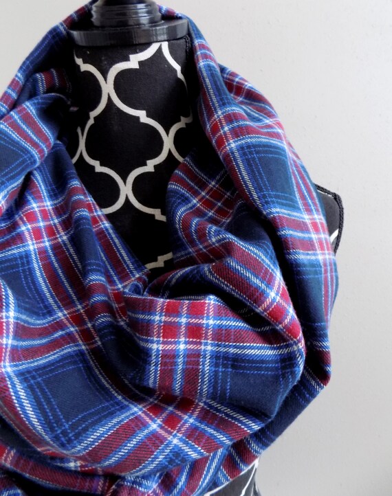 Items similar to Navy & Red Plaid Flannel Infinity Scarf Nautical ...