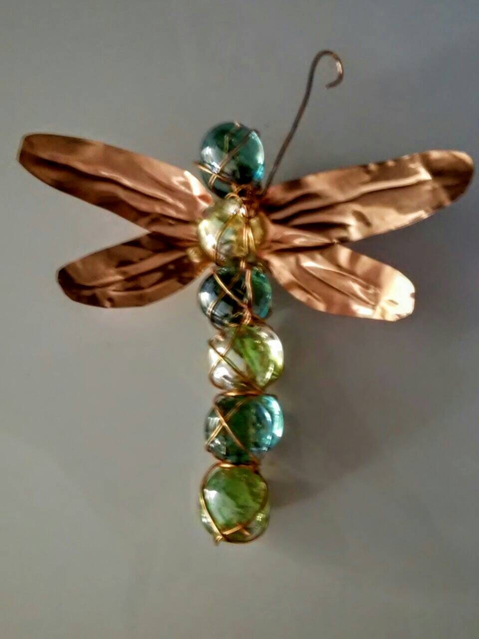 Dragonfly garden ornament of glass and copper is a lovely