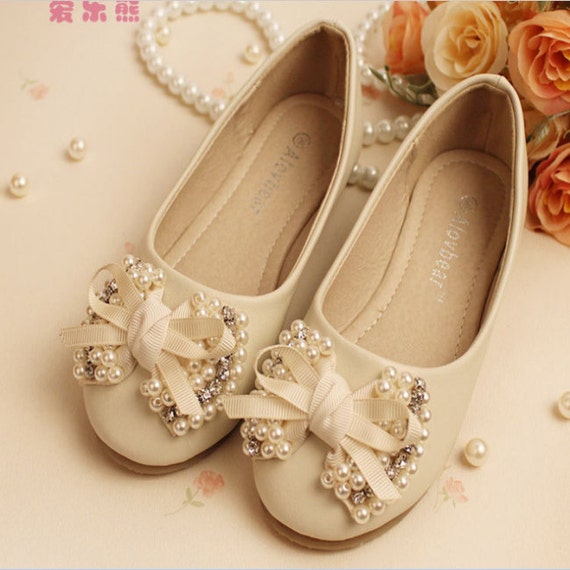 Ivory Flower Girl Shoes with pearls and rhinestone bow