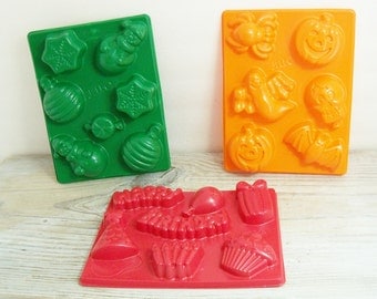 Vintage Jello Jiggler Molds 3 Holiday Jello Molds Christmas Jello Mold Halloween Jello Mold Birthday Jello Mold 1980s