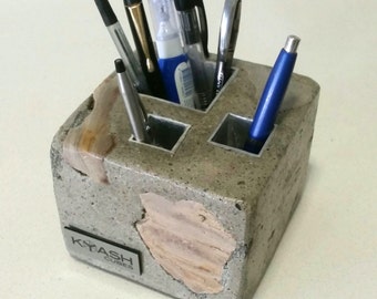 Concrete pen holder - cube shape exposed stone with a grey polished concrete finish