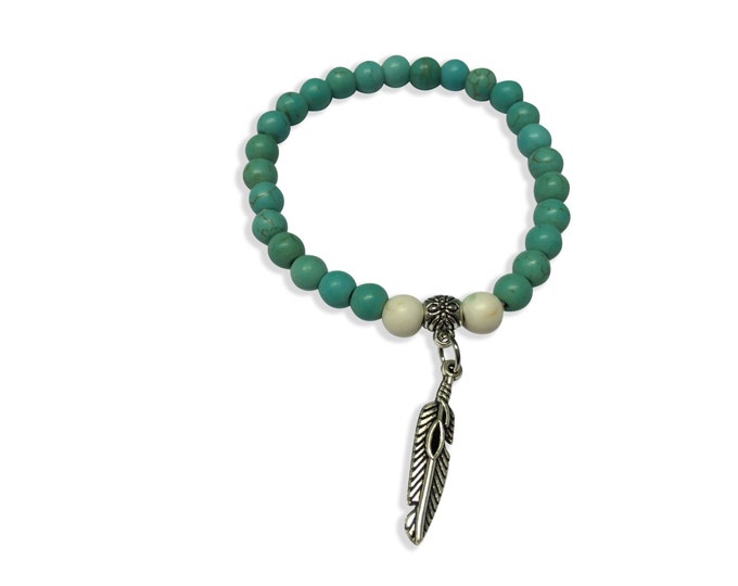 Turquoise Bracelet, Feather Bracelet, Turquoise Cuff Bracelet with Feather, White Beads
