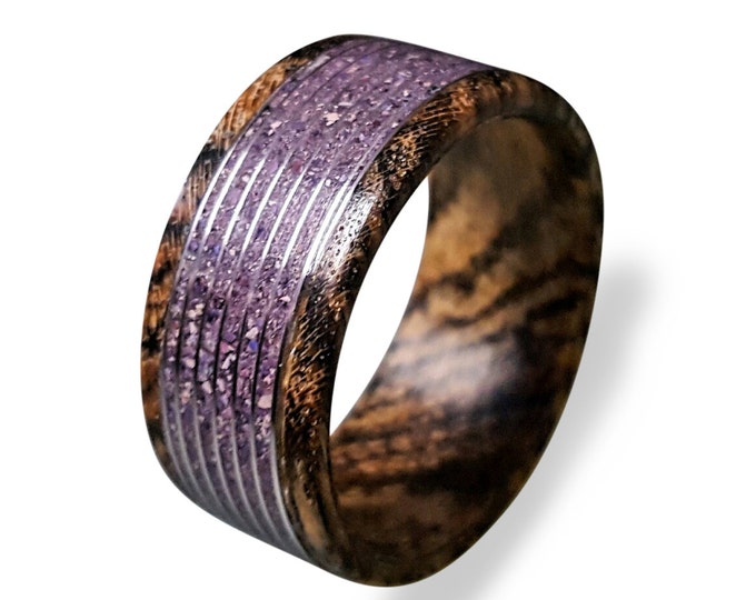 Bocote Wood Ring with Amethyst Inlay, Amethyst Ring, Threaded Pattern Ring