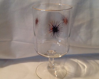 MidCentury gold starburst glasses, set if 6 atomic gold starburst glasses, stemmed atomic glasses
