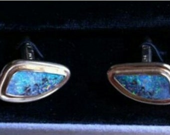 OPAL CUFFLINKS SALE, Australian Boulder Opal Cufflinks, 14K & 9K Gold, Handmade Boho Cufflinks, Greens, Blues, Orange, Val Cert, Fathers Day