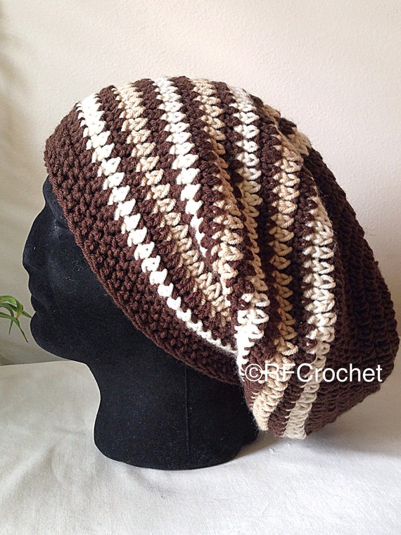 XL Men's Beanie Brown Stripe Men's Hat Adult by RFCrochet