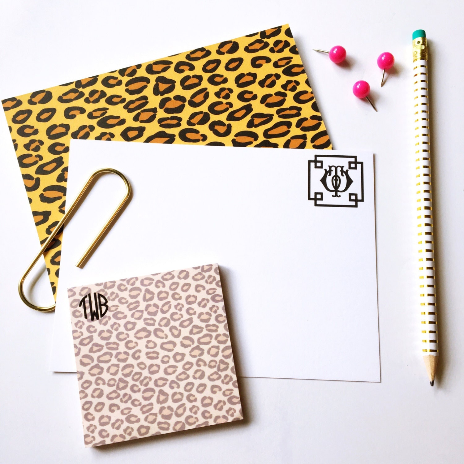 Animal print personalized notecards, monogrammed stationery set, flat