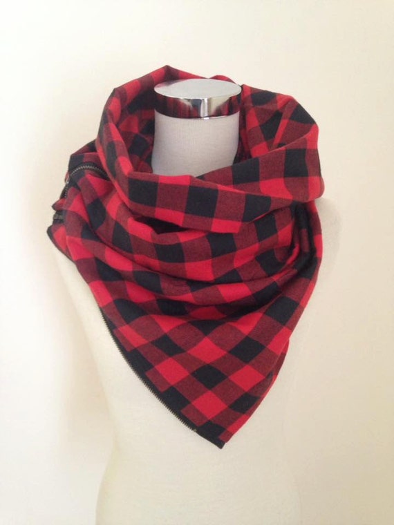 Red & Black Buffalo Plaid Zipper Scarf