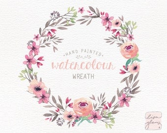 Watercolor wreath: painted floral wreath clipart / Wedding invitation clip art / Peach and pink floral wreath / commercial use / CM0084e
