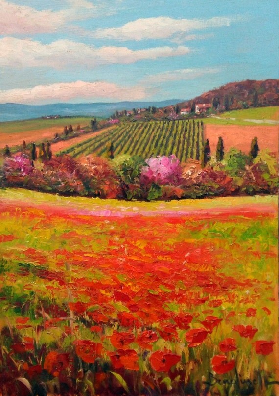 Italian painting impressionist poppies field Tuscany by Modiarte