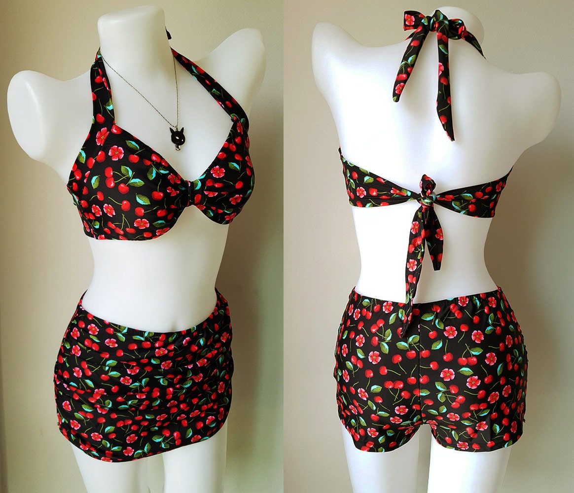 Floral Cherry Swimwear Swimsuit Retro Women Two by beautychicshop