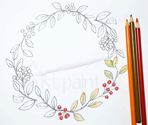 Leaf and Berry Fall Wreath Coloring Page Fall Coloring Page