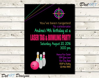 Pink, Laser Tag and / or Bowling Party, Glow in the Dark Invitation Birthday Card, Digital File after customization, JPG or PDF, Printable