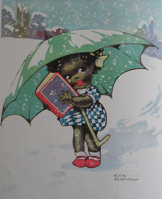 Vintage Kinder afdrukken vanaf 1919 - Agnes Richardson - Dinky Dinah onder haar paraplu in de sneeuw - Winter scène - gematteerd - klaar frame