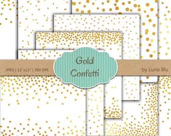 Gold Confetti Digital Paper: "White and Gold Confetti" White and Gold Foil Scrapbook Paper, Gold Confetti, Gold Polka Dots