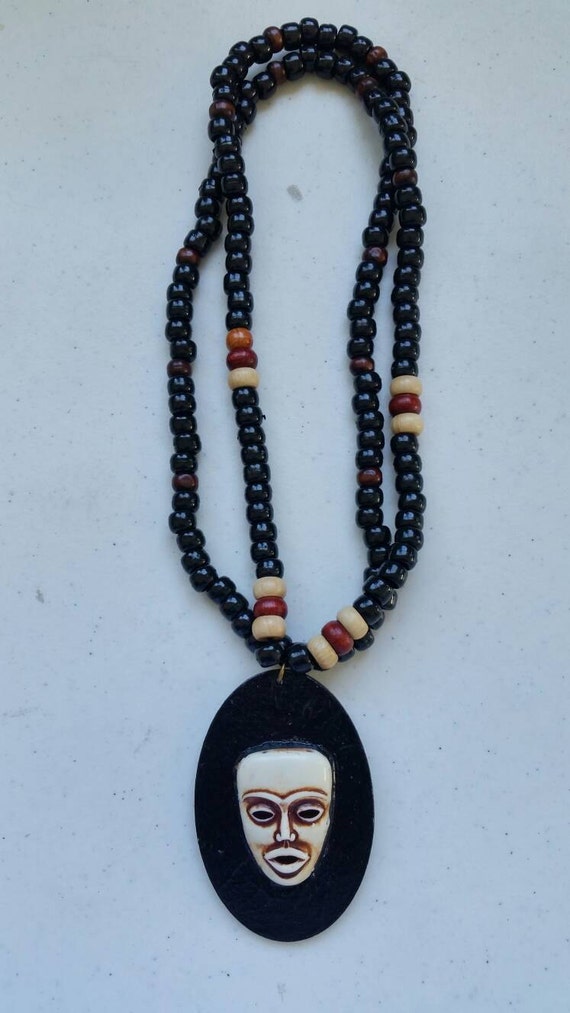 Rasta Wooden Oval Tribal Mask Medallion Beaded Necklace