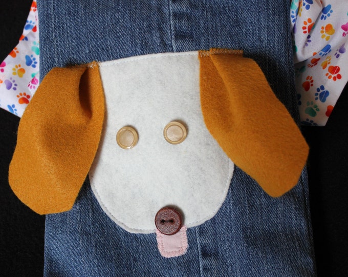HALF PRICE ** Puppy Love Upcycled Blue Jean Christmas Stocking. Paw Print Hanky and Adorable Puppy Face appliqued on back. Dog Lover Gift!