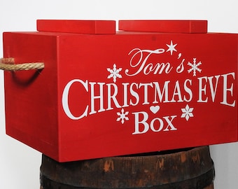 Christmas Eve Box. red and white wooden box with lid, personalised wooden box, vintage style Xmas eve box