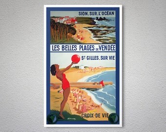 Les Belles Plages de Vendee, France Vintage Travel Poster - Poster Print, Sticker or Canvas Print