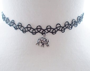 black tattoo choker with charm grunge jewellery elephant choker necklace stretchy choker 90s jewellery