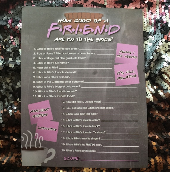 FRIENDS TV Show Trivia Bridal Shower Game Printable How Well