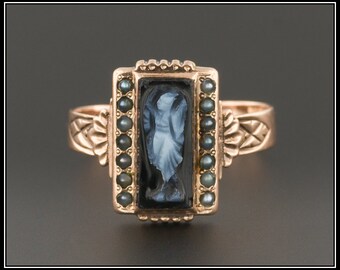 Antique Victorian Cameo Ring | Hand Carved Onyx Cameo Ring | Onyx & Pearl Ring | 14k Gold Ring