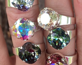 Pick Your Color and Finish~ Swarovski Crystal Ring, 12mm Cushion Cut, Crystal Statement Ring, Ultra Colors