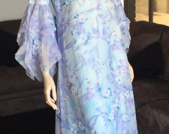 Vintage Long Blue Floral Boho Gown with Hankerchief Sleeves