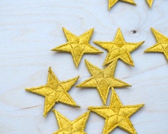 1 Dozen Tiny Gold Embroidery Star Patches with Fine Metallic Thread. Iron on Backing 2"